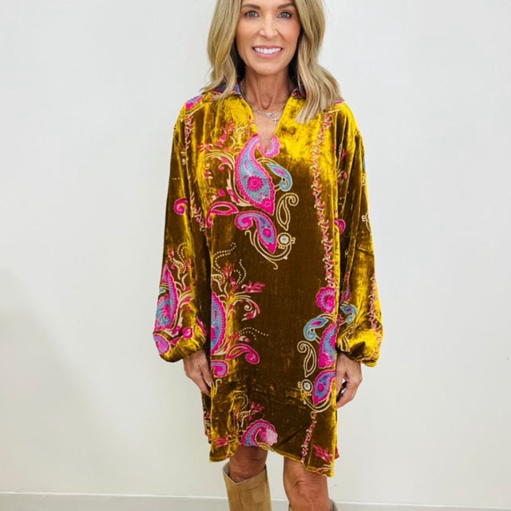 Velvet Paisley Shift Dress in Mustard with Pink Accents